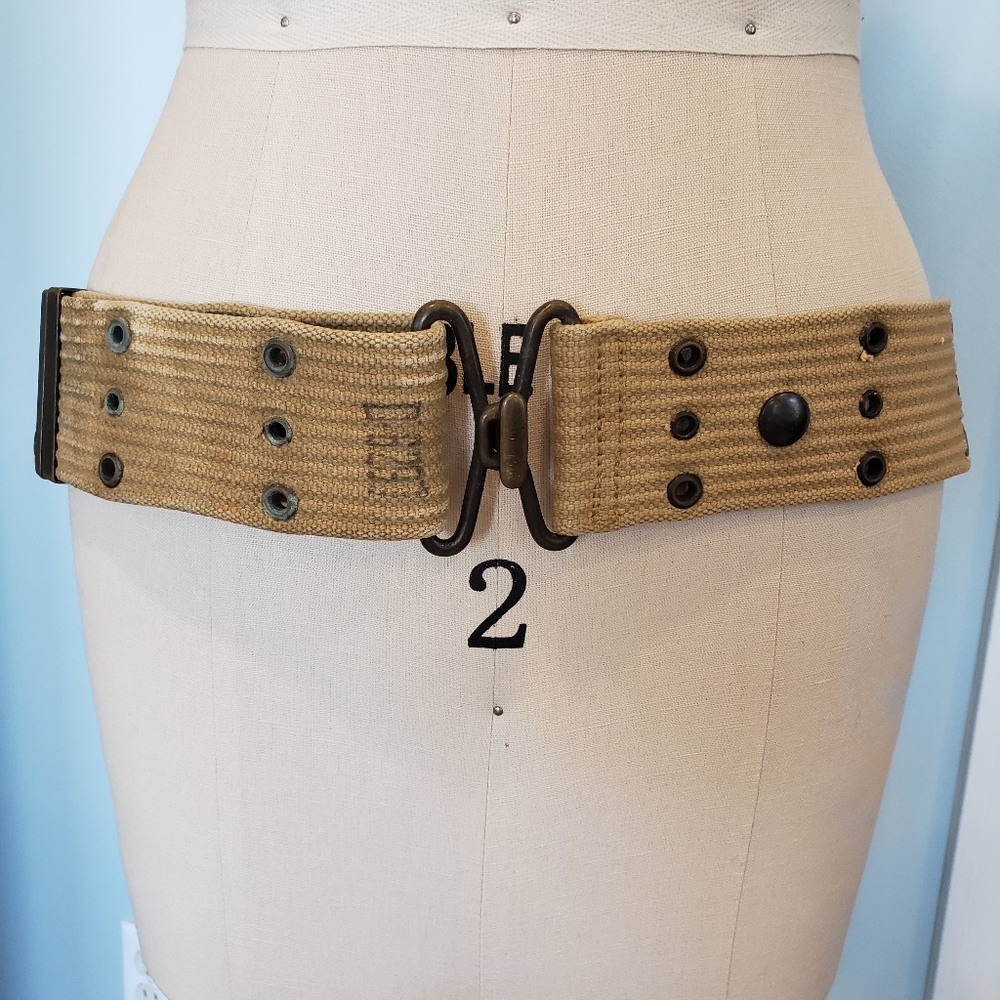 Vintage Wide Tan Military Tactical Belt with Brass Hardware, 36" Adjustable